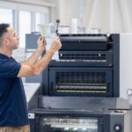 Ein Mitarbeiter der Druckerei Esslinger Druck in Villingen-Schwenningen steht vor einer großen Offsetdruckmaschine und hält einen frisch gedruckten Bogen prüfend gegen das Licht. Er kontrolliert aufmerksam Farbflächen, Textbereiche und Bilddetails, um die Druckqualität zu bewerten. Die industrielle Druckanlage mit mehreren Druckwerken befindet sich in einer hellen Produktionshalle. Das Bild zeigt die professionelle Qualitätskontrolle im Offsetdruck.